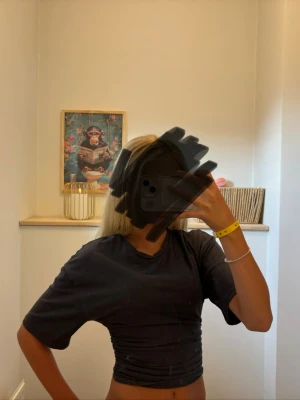 Svart croppad topp med rynk - Säljer en svart croppad topp med rynkade detaljer i sidan. Toppen har korta ärmar och är tillverkad i mjukt bomullsmaterial. Perfekt till jeans eller kjol för en trendig look.