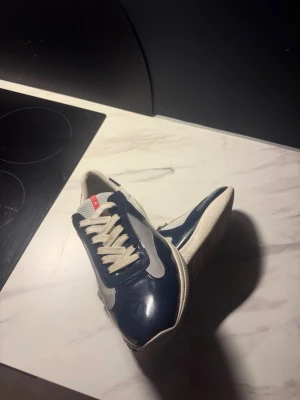 Blåvita retro sneakers - Snygga sneakers i blått och vitt med klassisk retrostil. Skorna har vita snören, meshpaneler för extra ventilation och detaljer i glansigt material. Yttersulan är vit och ger en sportig look. Perfekta för dig som gillar stilrena och tidlösa sneakers.