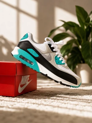 Nike Air Max 90 - Nike Air Max 90 sneakers i en fräsch färgkombo av turkos, svart, vitt och grått. Ovandelen är i mesh och mocka med klassiska Air Max-detaljer och synlig luftbubbla i sulan. Snygga kontraster och ikonisk siluett som sticker ut. Fick dessa i present och testade använda ett få par gånger, men visade inte sig vara skor för mig.