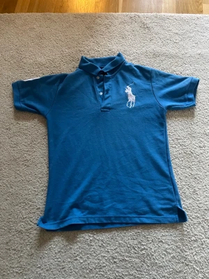 Blå pikétröja med broderad logga - Snygg blå pikétröja med klassisk krage och knappar framtill. På bröstet finns en stor vit broderad logga med polospelare. Tröjan har korta ärmar och är gjord i ett bekvämt bomullsmaterial.