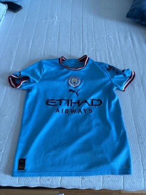 Manchester City matchtröja Foden #47 - En ekta Snygg ljusblå Manchester City matchtröja från Puma med Foden och nummer 47 på ryggen. Tröjan har klubbmärke på bröstet, Etihad Airways-tryck och röda/vita detaljer på ärmslut och krage. Perfekt för dig som älskar fotboll och vill stötta ditt lag.