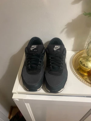 Nike Air Max svarta sneakers - Säljer ett par svarta Nike Air Max sneakers med vit sula och vit swoosh på sidan. Skorna har en klassisk låg siluett och är tillverkade i en mix av mesh och syntetmaterial för en sportig look. Perfekta för dig som gillar streetwear och vill ha bekväma skor.