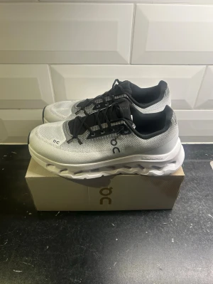 Vita On Cloudmonster sneakers - Säljer ett par stilrena vita On Cloudmonster sneakers med svart och gråa detaljer. Skorna har en chunky sula och snörning framtill. Ovandelen är i mesh-liknande syntetmaterial som andas och ger en sportig look. Perfekta för dig som gillar streetstyle och komfort.