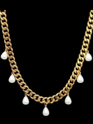 18K guldpläterat halsband med pärlor  - Stilfullt halsband. Kedjetjocklek-8,3mm .Nickelfri. Högkvalitativt rostfritt, 18K guldpläterat stål 316   #28