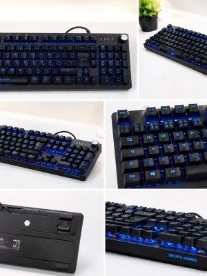 Deltaco Gaming mekaniskt tangentbord - Säljer ett svart mekaniskt tangentbord från Deltaco Gaming med blå LED-belysning under tangenterna. Tangentbordet har nordisk layout och en robust design med en ratt i övre högra hörnet. Perfekt för gaming och skrivande.