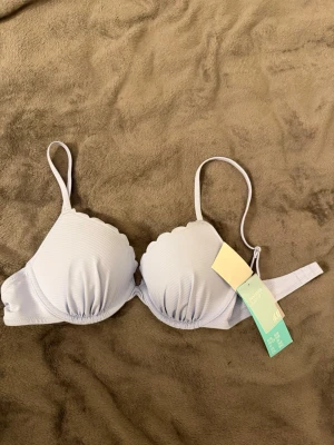 Ljusblå ribbad bikiniöverdel - Trendig ljusblå bikiniöverdel med scallop-kant och justerbara axelband. Kuporna är vadderade för extra stöd och materialet är ribbad syntet som ger en modern look. Perfekt för sommarens alla badäventyr.