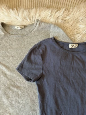 Två basic t-shirts i grått och blått - Säljer två stilrena basic t-shirts i mjuk bomull, en i ljusgrå och en i mörkblå färg. Båda har rund halsringning och korta ärmar, perfekta till jeans eller shorts för en enkel och clean look.