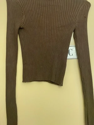 Brun ribbad långärmad topp - Snygg brun långärmad topp med ribbat tyg och tight passform. Tröjan har rund halsringning och är tillverkad i ett stretchigt material som sitter skönt på kroppen. Perfekt att styla med jeans eller kjol för en trendig look.