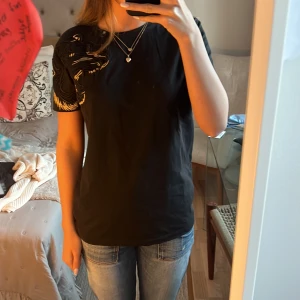 Svart t-shirt från Philipp Plein - Säljer en svart t-shirt från Philipp Plein med ett coolt broderat lejonmotiv i guld och svart på ärmen. T-shirten har en normal passform och är kortärmad. Perfekt för dig som vill ha en unik och stilren look.