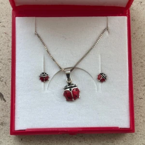 Halsband, örhängen nyckelpiga - barn - Charmigt smyckeset från Guldfynd i äkta silver  med ett halsband och örhängen i form av nyckelpigor. Oanvända. Perfekta som gåva! Nytt pris i butik 659:- 