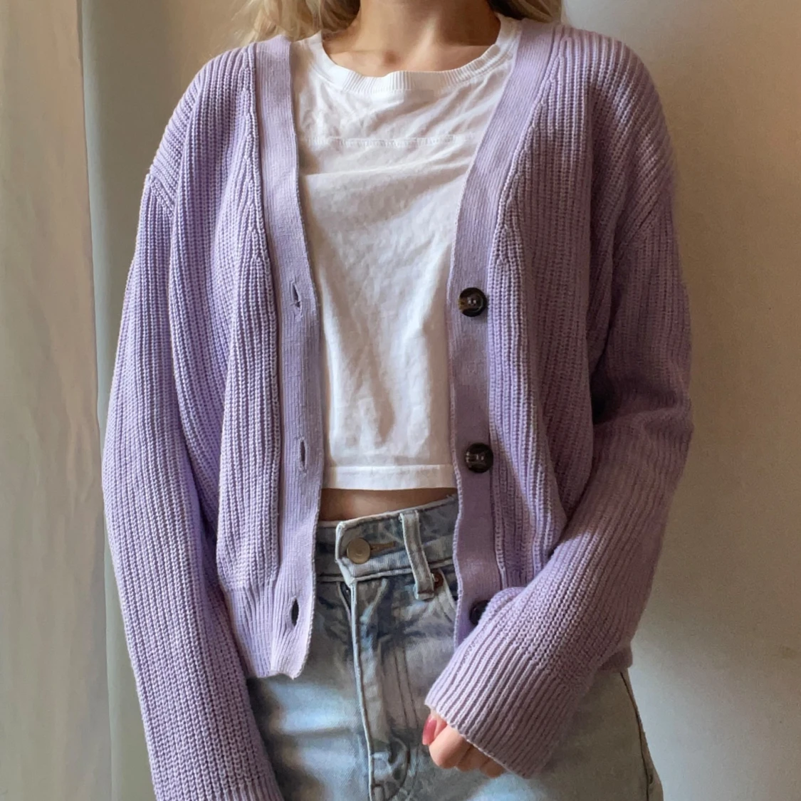 Lila stickad kofta  - 89