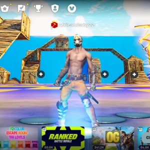 Fortnite psycho bandit - Fortnite-karaktär med orange byxor och en mask som täcker ansiktet. Karaktären har en muskulös överkropp utan tröja och bär ett bälte med fickor. Masken har en futuristisk design med blå detaljer.