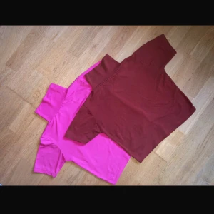 Två polotoppar i rosa och röd - Säljer två snygga polotoppar i olika färger: en i stark rosa och en i dämpad röd. Båda topparna har korta ärmar och en hög krage, perfekta för en stilren look.