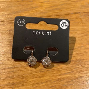 Silverfärgade örhängen från Montini - Snygga silverfärgade clip-on örhängen från Montini med glittrande stenar i blomform. Perfekta för att ge en touch av elegans till din look. Lätta att bära utan att behöva hål i öronen. aldrig använda.