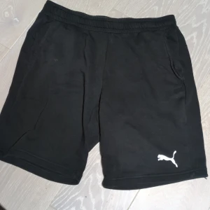 Svarta mjukis-shorts från Puma - Säljer ett par svarta shorts från Puma med elastisk midja och sidofickor. Perfekta för en avslappnad stil eller träning. Puma-loggan i vitt på benet ger en sportig touch.