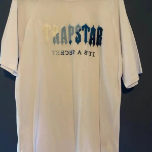 Vit t-shirt från Trapstar - Säljer en vit t-shirt från Trapstar med texten 'It's a Secret' i blått och svart på framsidan. T-shirten har en normal passform och korta ärmar. Perfekt för en avslappnad stil.