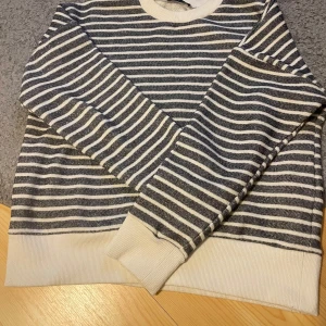 Randig tröja från Zara - Säljer en randig tröja från Zara i grå och vit. Tröjan har långa ärmar och ribbade muddar vid ärmslut och nederkant. Perfekt för en avslappnad stil.