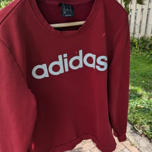 Vinröd sweatshirt från Adidas - Säljer en snygg vinröd sweatshirt från Adidas i storlek XL. Tröjan är i bomull och har en klassisk passform med långa ärmar. Perfekt för höst och vinter, och den har det ikoniska Adidas-loggan i vitt på framsidan. Entaska fläckar förkommer