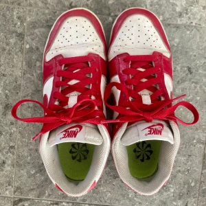 Röda Nike Dunk Low Retro - Röda och vita Nike Dunk Low Retro. Jättesnygga skor i bra skick.