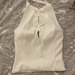 Vit ärmlös topp från Zara - Säljer en stilren vit ärmlös topp från Zara i nytt skick. Toppen har en halterneck-design med två dekorativa knytband framtill. Perfekt för sommardagar eller festliga tillfällen. Materialet känns mjukt och bekvämt mot huden.
