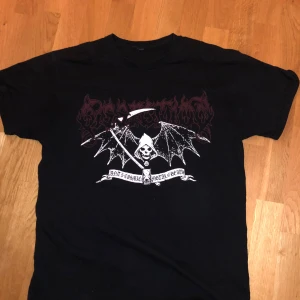 Dissection t shirt metal - Säljer en svart t-shirt med ett unikt tryck fram och bak. Framsidan har ett motiv med en dödskalle och vingar, medan baksidan har ett detaljerat mönster med ormar och symboler. Perfekt för dig som gillar alternativ stil.