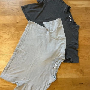 Två t-shirts i grå och ljusblå - Säljer två t-shirts från Weekday i olika färger. Den ena är mörkgrå och den andra ljusblå. Båda är kortärmade och har en klassisk rund halsringning. Perfekta för en avslappnad stil.