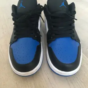 Säljer ett par snygga Nike Air Jordans i blå. Skorna har en klassisk design med snörning och en bekväm passform. Perfekta för både vardag och fest!