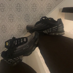 Nike Air Max Plus TN i svart och grå - Säljer ett par Nike Air Max Plus TN sneakers i svart och grå. Skorna har en sportig design med synlig Air Max-dämpning och Tuned Air-sula. De har snörning och en distinkt Swoosh-logga på sidan. Skorna är använda som ni ser och därför säljer jag dem billigt.