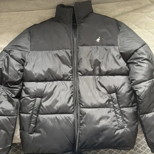 Svart pufferjacka med dragkedja - Säljer en svart pufferjacka med dragkedja. Jackan har en hög krage och ett litet broderat märke på bröstet. Perfekt för kyliga dagar med sin quiltade design.