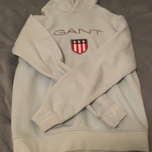 Ljusblå hoodie från GANT - Säljer en snygg ljusblå hoodie från GANT med deras klassiska logga och ett coolt emblem på bröstet. Perfekt för både vardag och chill. Den är i bra skick och supermjuk. Passar perfekt för höst och vår. 🧢