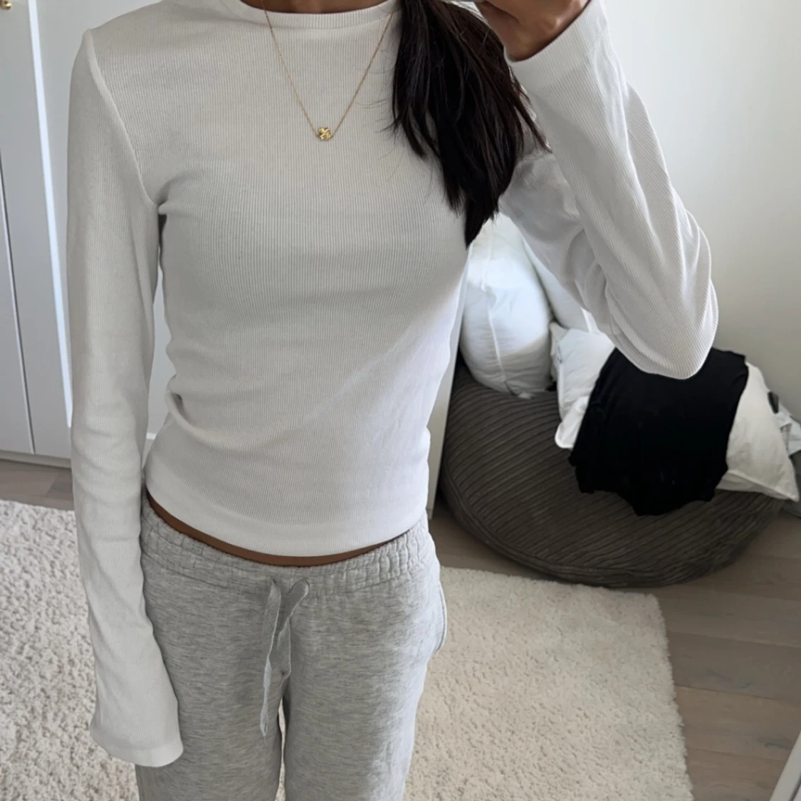 Mysig vit ribbad långärmad tröja🤍xs-s