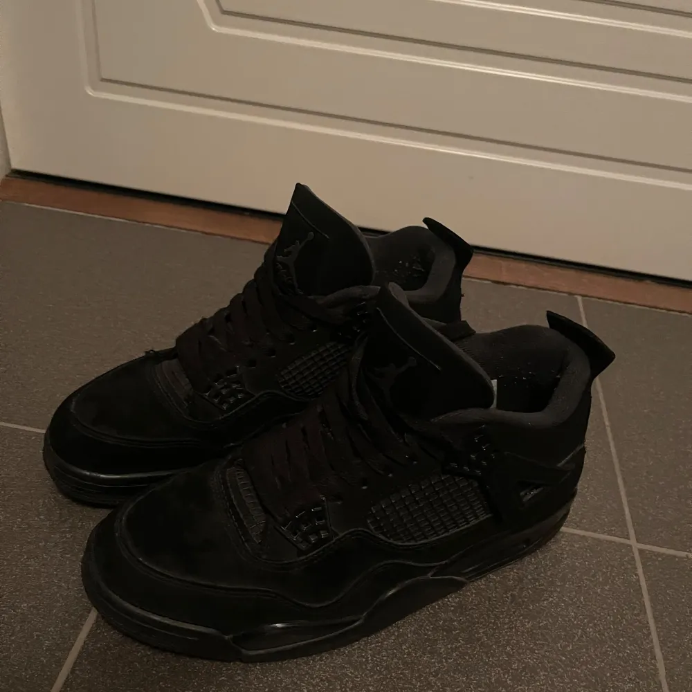 Säljer ett par svarta Nike Air Jordans 4 Storlek 43. Är i mycket bra skick. De har en stilren design med snörning och är perfekta för vardaglig användning.  Skorna är gjorda i varma  vilket gör de perfekta för vintern.. Skor.