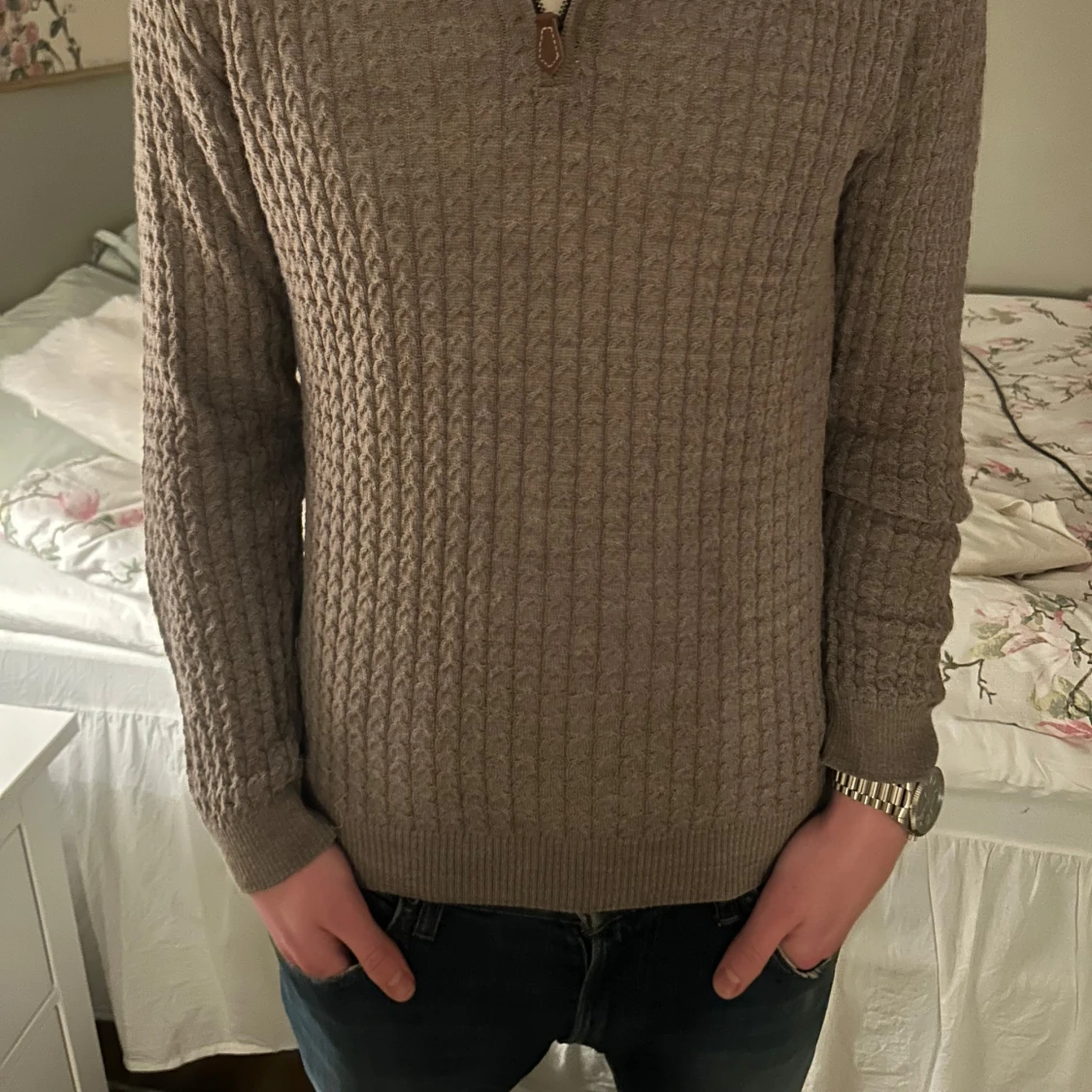 Grå stickad halfzip tröja från Sand - 90