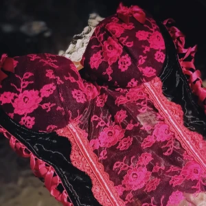 Svart och rosa korsett med spetsdetaljer - Elegant svart korsett med rosa blommigt spetsmönster och dekorativa rosetter. Den har snörning på sidorna och en vacker, feminin design. Perfekt för speciella tillfällen.