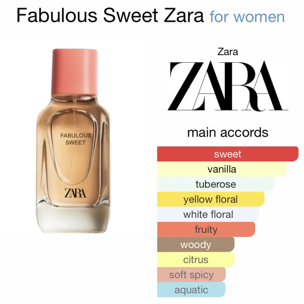 Zara parfym i doften fabulous sweet 🩷🧡söt parfym, jag skulle säga att den ger mycket doft🩷troligen slutsåld för den går inte att hitta på hemsidan! Hör av er vid frågor eller köp direkt genom att trycka på ”köp nu”köpt i barcelona för ca 500kr.ink kartong. Övrigt.