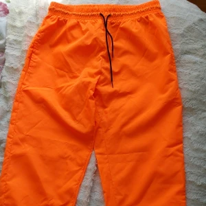 Neon orangea cargos (?)  - Rave/festival byxor skulle jag säga. Eller bara ett par coola byxor. Är i prassel material, snörning i midjan så man kan få det att sitta fint. Även blixtlås längst ner på båda benen. Passar till färgtema fester, säjer även en topp till