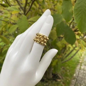 Ring - Ringen är använd enstaka gånger. Den är i rostfritt stål med guldplätering. Diametern på insidan är 16,8 mm. 