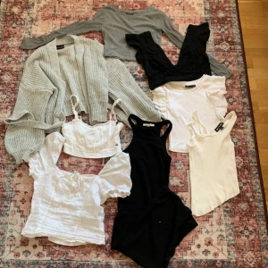 BASIC KLÄDPAKET 3 - ALLT INGÅR💗 CHICA LONDON kofta strlk okänd, TOP SHOP grå långärmad 32, PULL AND BEAR svart S, ZARA frill S, MOTEL ROCKS asymmetrisk S, PULL AND BEAR kort topp S (mini hål fram fråga för bild), PULL AND BEAR svart klänning XS, H&M vit stretch topp S
