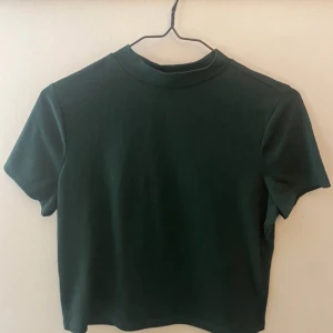 Crop top - En mörkgrön, kort T-shirt med hög hals. Bara använd några gånger.  55% Polyester 45% Viskos  Normal i storleken.