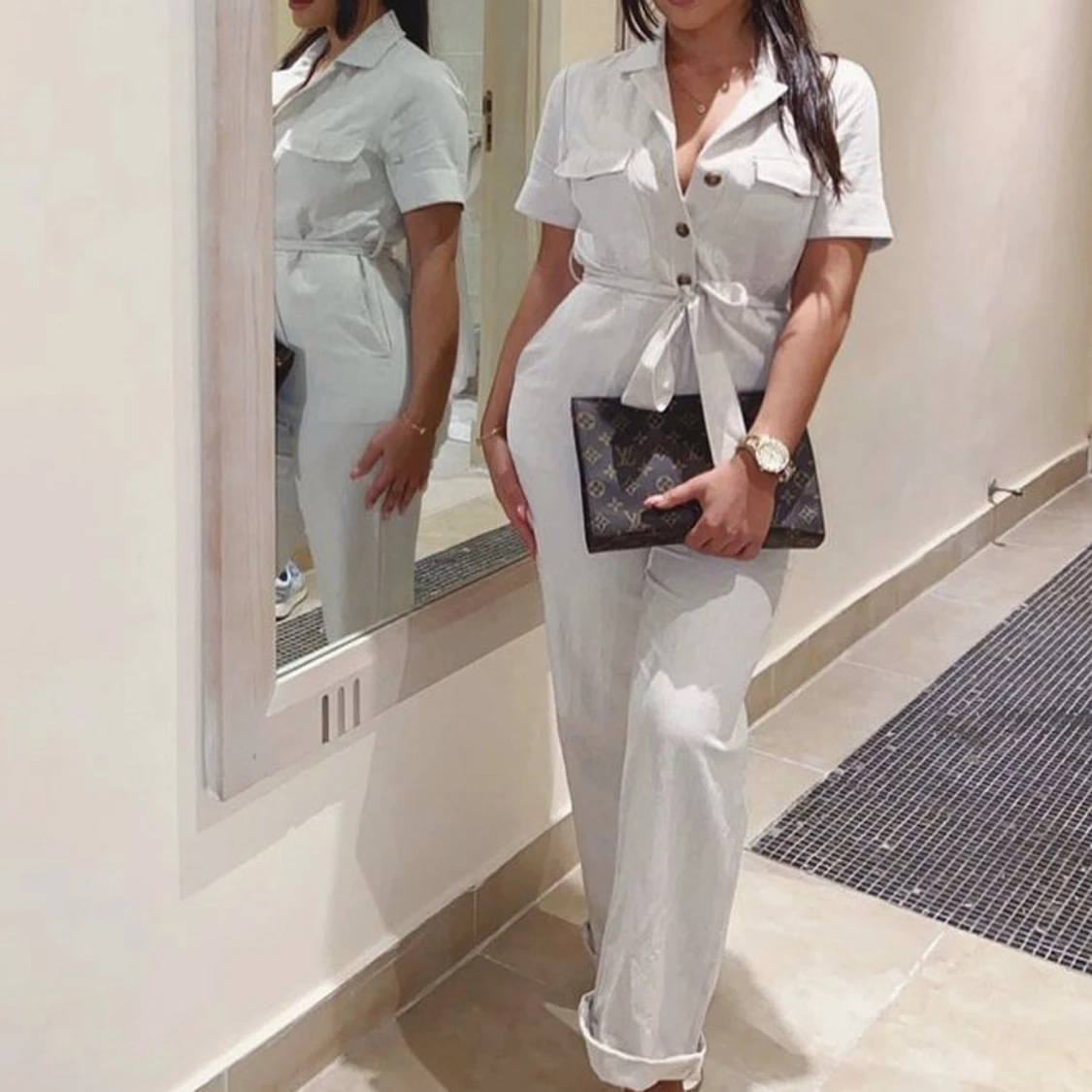 Linne jumpsuit/byxdress i strl 34