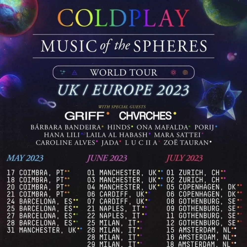 Säljer 3 stycken biljetter (ståplatser) till Coldplay konserten i Göteborg den 12:e juli. Priset är 900 kr per biljett. Biljetterna köptes på ticketmaster 💓 . Skor.