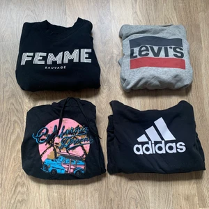 3 Hoodies och en sweatshirt - Jag säljer tre hoodies från adidas (300kr) , Levis (300kr) och shein (75kr) som är i mycket fint skick            Även en sweatshirt från ginatricot som jag säljer pga att den blivit för liten, pris 100kr                                        Du står själv för frakt om det ska skickas
