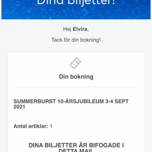 Summerburst 2022 - Bokade denna när jag trodde att det skulle vara i höst och nu ska jag på studentresa det nya datumet (3-4 juni 2022) och missade att göra en återbetalning av biljetten. Säljer därför denna nu, biljetterna är slutsålda på summerbursts hemsida. Min kompis har samma problem så har 2 biljetter. (1395kr per biljett)