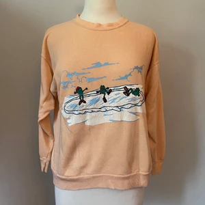 Vintage collagetröja  - Supergullig vintage collagetröja i ljusrosa och tryck av skridskoåkande grodor på framsidan. Pyttelitet hål under trycket, se sista bilden, märks inte överhuvudtaget när man har på sig den. 