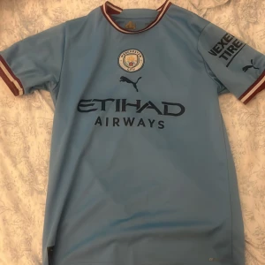 Manchester City hemmatröja - Snygg ljusblå Manchester City fotbollströja från Puma med klubbmärke och sponsortryck på bröstet. Tröjan har vinröda och vita detaljer på krage och ärmslut samt korta ärmar. Perfekt för fans som vill visa sitt stöd på matchdag!