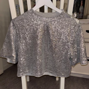 Glittrig silver topp med paljetter - Superglittrig silver topp med korta ärmar och rund hals. Helt täckt av paljetter som ger ett riktigt festligt intryck. Croppad modell som passar perfekt till höga jeans eller kjol. Perfekt för dig som vill sticka ut och glänsa på festen!