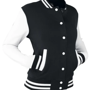 Svart och vit bomberjacka  - Snygg svart och vit bomberjacka  med klassisk collegestil. Jackan har vita ärmar, svarta muddar med vita ränder och knäppning med vita knappar framtill. Perfekt för en sportig och trendig look.