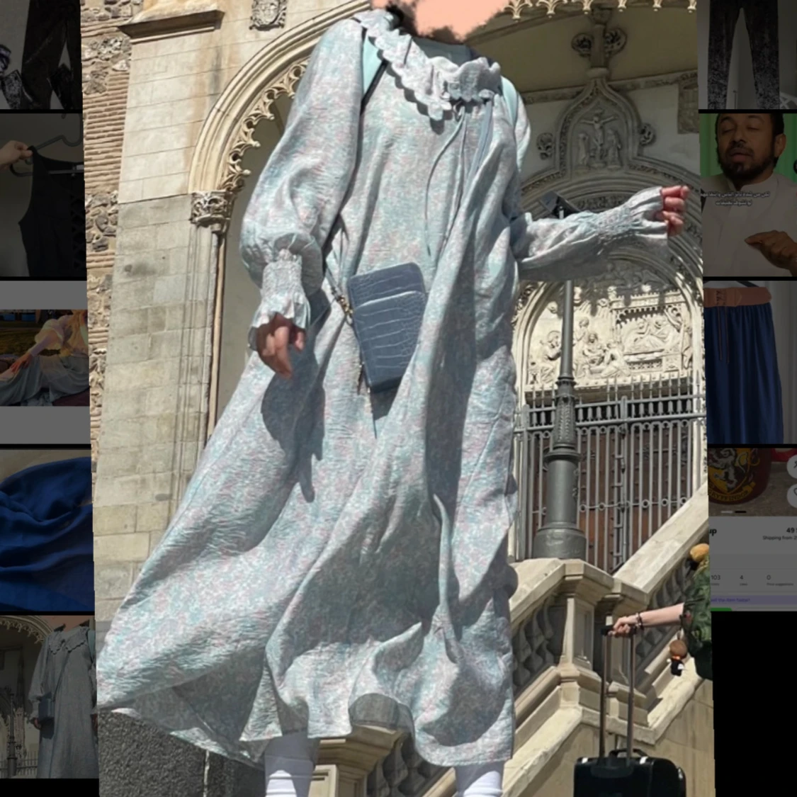 Ljusblommig långklänning med volangkrage