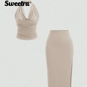 Beige topp och kjol - Snyggt två delat sett med topp och lång kjol i storlek S 