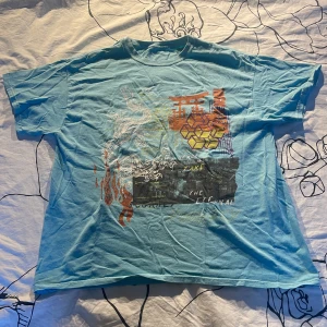 Blå oversized t-shirt Urban Outfitters - Snygg ljusblå t-shirt från Urban Outfitters i oversized passform. Framsidan har ett coolt grafiskt tryck med drake, eld och japanska inslag i orange, gult och vitt. Mjuk bomullskvalitet och klassisk rund hals. Perfekt för dig som gillar streetstyle. Inga defekter. Priset kan diskuteras. 